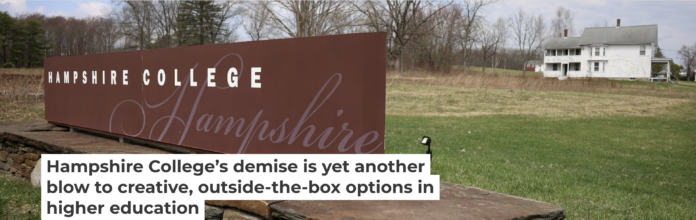 Hampshire College’s campus entrance on April 16, 2026, a few days after the school announced it is closing. Jessica Rinaldi/The Boston Globe via Getty Images